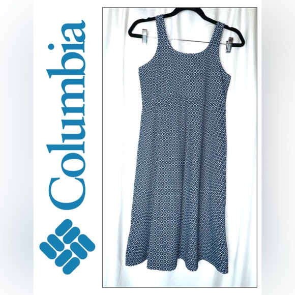 Columbia Dresses & Skirts - Columbia Performance Fishing Gear Elegant Navy Blue Patterned Sleeveless Dress